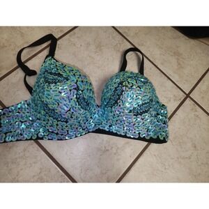 iHeartRaves Sequin Push Up Bra Top Iridescent Turquoise Blue Festival Rave